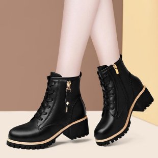 Mid length boots PU leather shoes casual six hole British style Martin boots women's black single lining