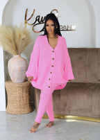 Solid color V-neck button up cardigan tight pants sweater set