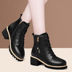 Mid length boots PU leather shoes casual six hole British style Martin boots women's black single lining