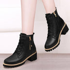 Mid length boots PU leather shoes casual six hole British style Martin boots women's black single lining